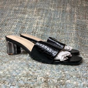 CAMSSOO Clear Block Heel Open Toe Mules Sandals in Black PU Croc